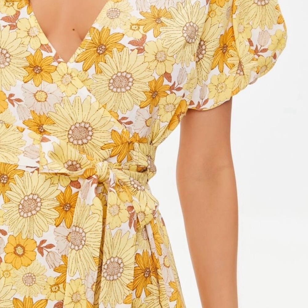 Forever 21 Women Yellow Sunflower Wrap Mini Dress - Picture 10 of 10